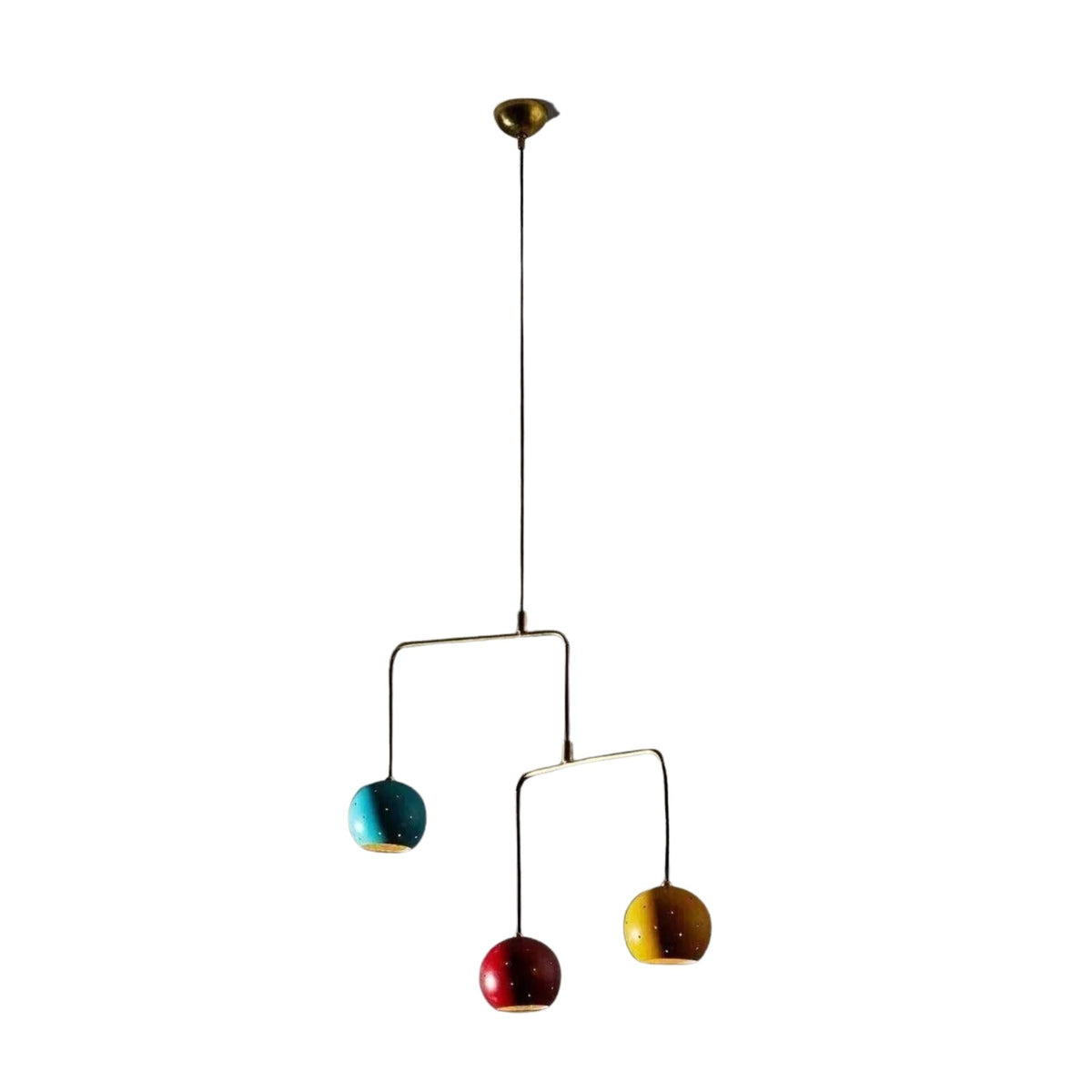 Helsinki 3 light Mid-Century Modern mobile pendant featuring colorful teal, red and mustard shades with a slender brass-tone branching frame.