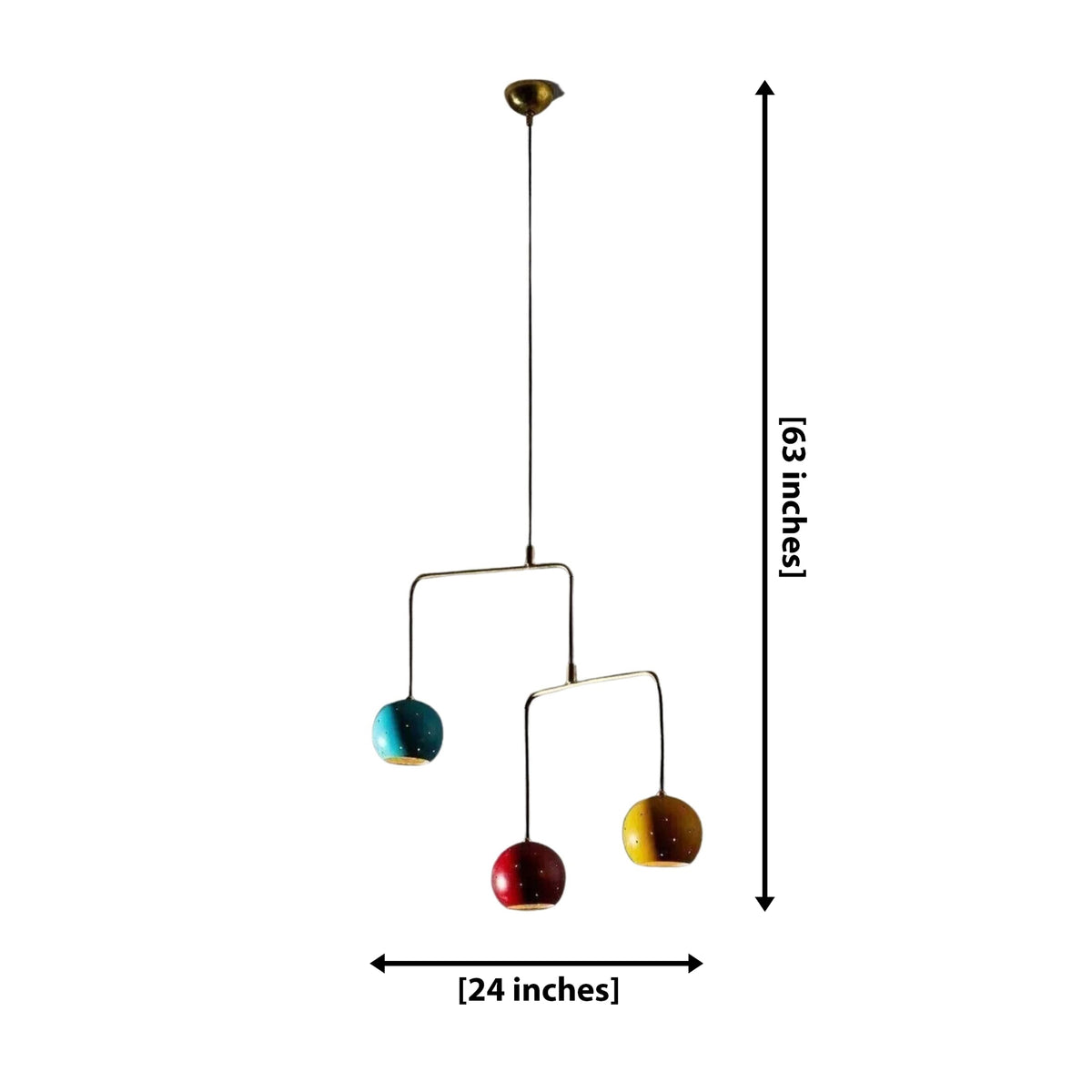 Helsinki 3 light multicolor mobile pendant dimension view showing 24 inch width and 63 inch overall height.