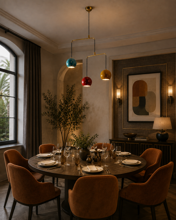 Helsinki 3 light multicolor sculptural pendant displayed above a round dining table in a warm sophisticated dining room.