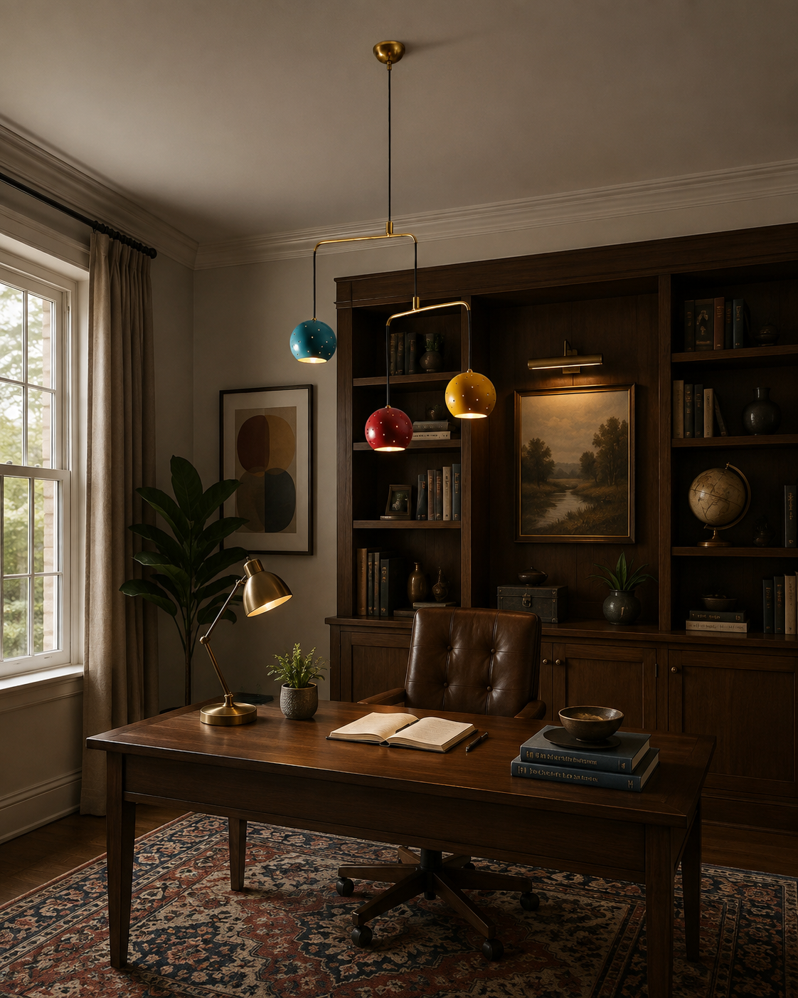 Helsinki 3 light teal, red and mustard mobile pendant displayed above a wood desk in a refined home office with dark built-in bookshelves.