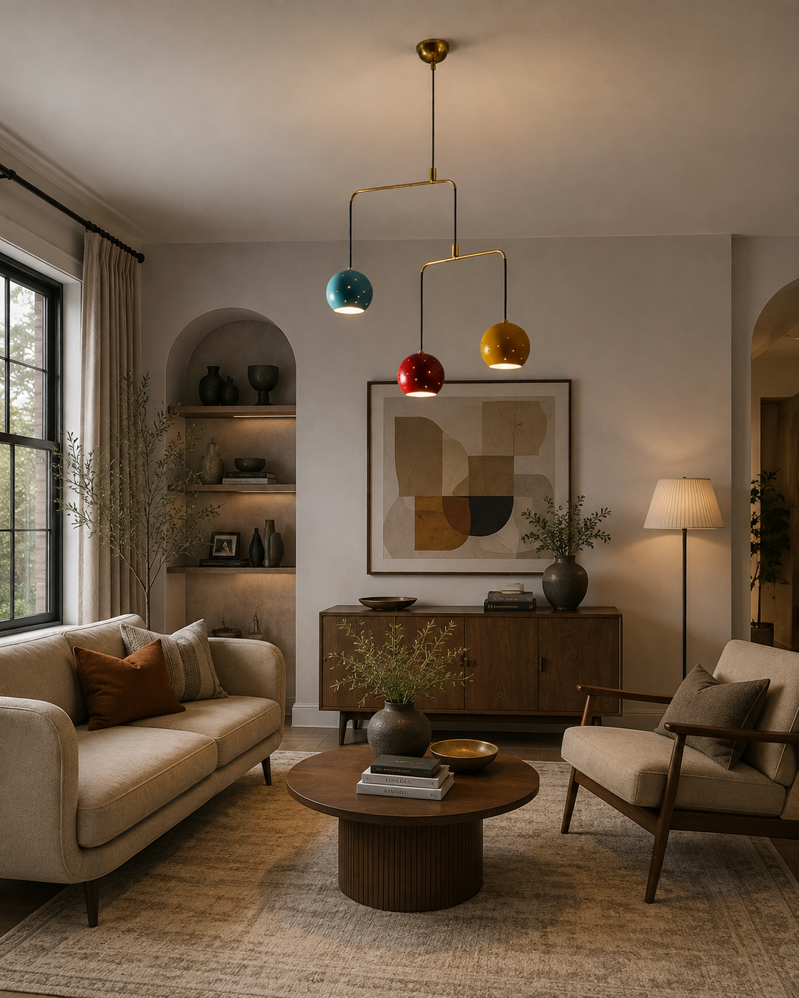 Helsinki 3 light colorful mobile pendant illuminating a warm Mid-Century Modern living room with neutral furniture and walnut accents.