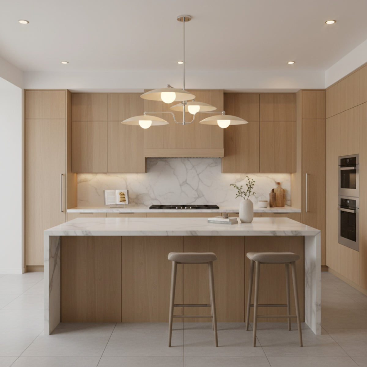 Hobart 4 light Mid-Century Modern chandelier shown from the front highlighting its cream disc shades and sculptural multi-level design.