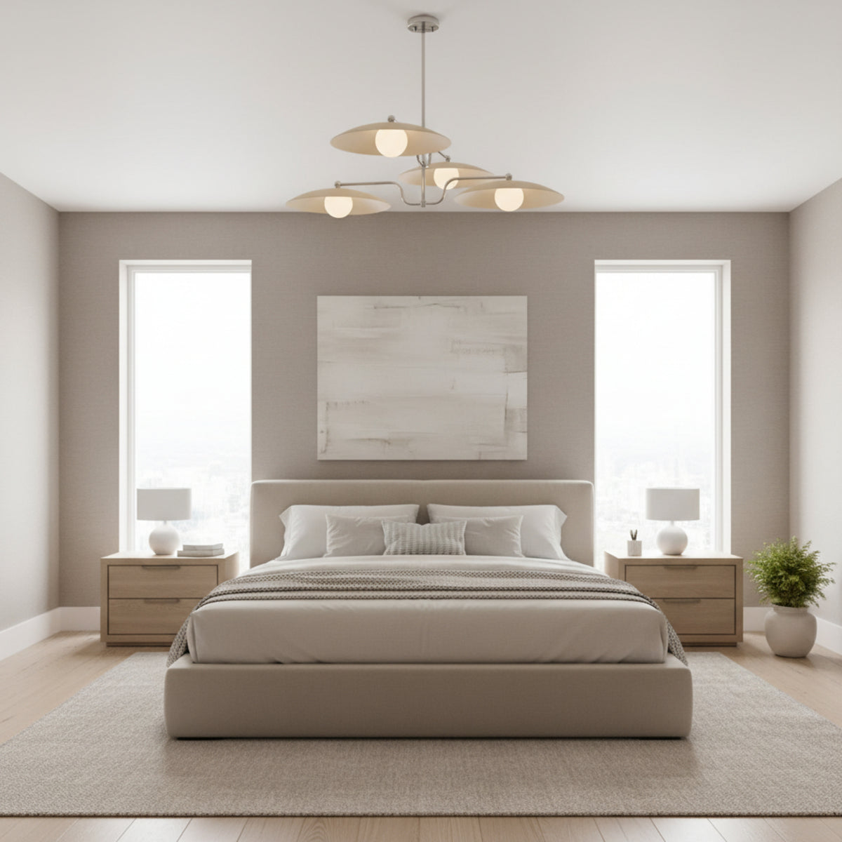 Hobart 4 light sculptural chandelier shown from an angled view with broad cream disc shades, white globe diffusers, and polished metal arms.