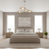 Hobart 4 light sculptural chandelier shown from an angled view with broad cream disc shades, white globe diffusers, and polished metal arms.