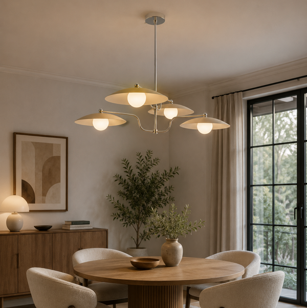 Hobart 4 light cream disc chandelier illuminated above a round dining table in a warm contemporary dining room.