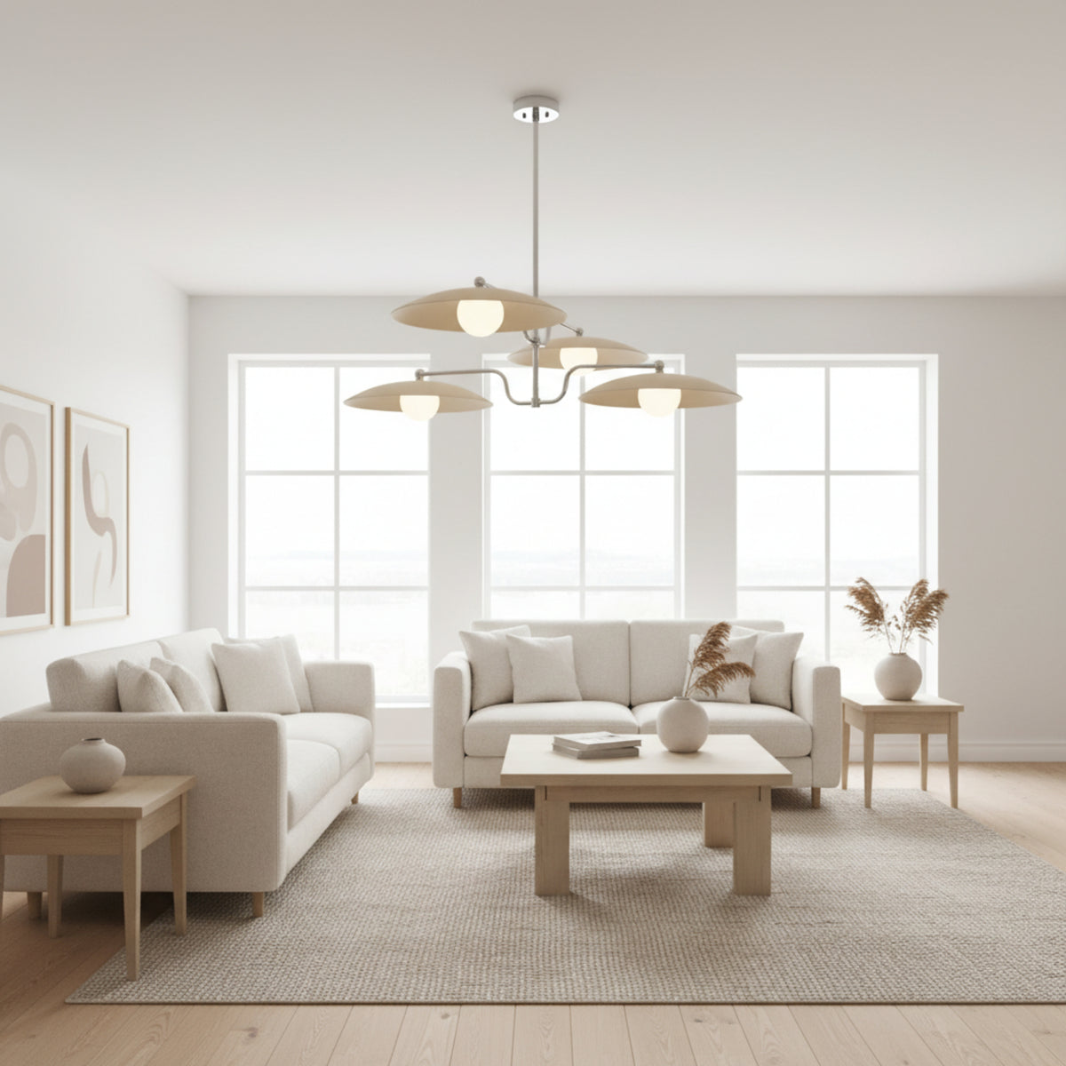 Hobart 4 light layered disc chandelier shown from the front with cream shades, white globe diffusers, and polished silver-tone arms.