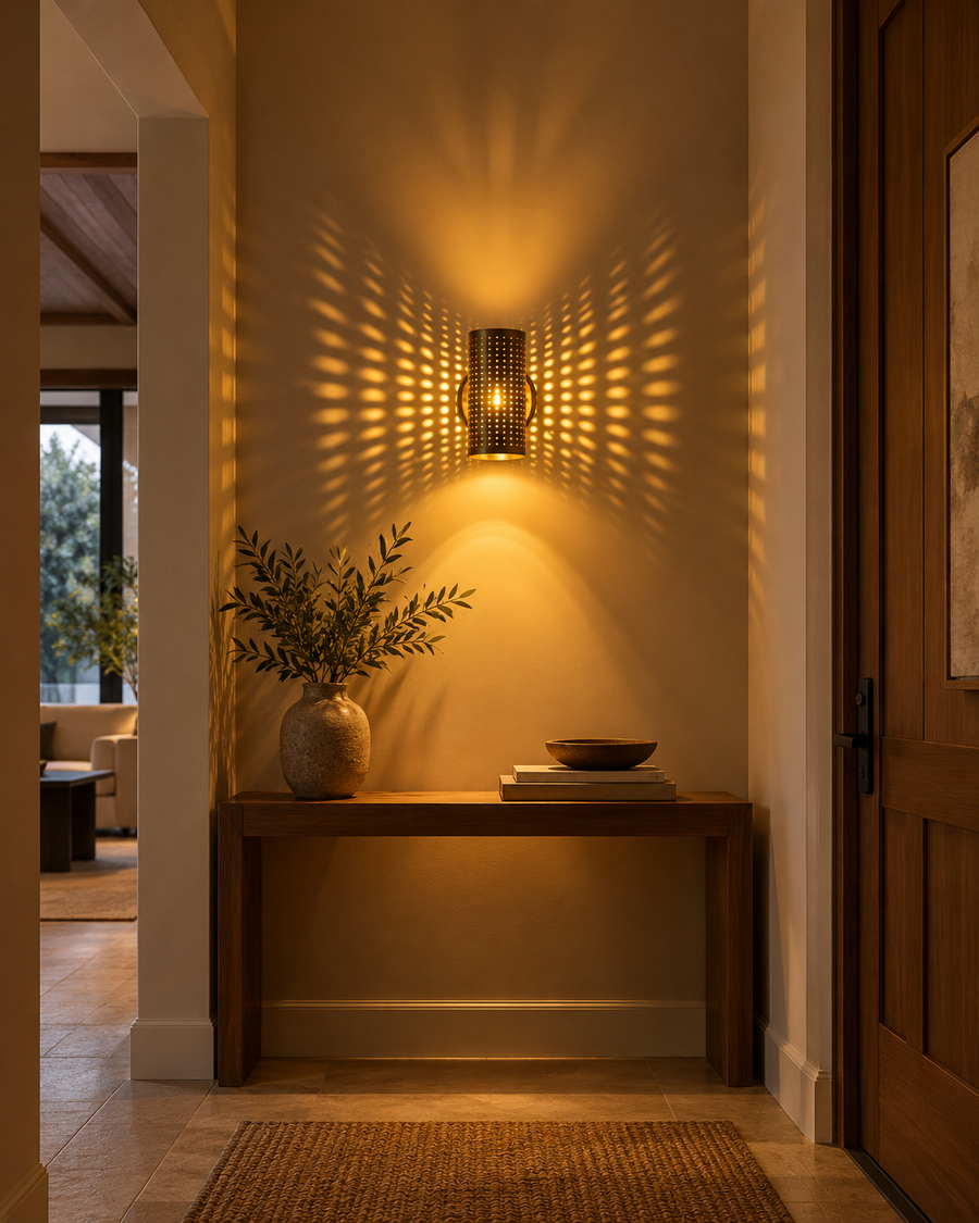 Hobart antique brass perforated cylinder wall sconce illuminating a modern entryway with warm patterned lighting above a wooden console table.