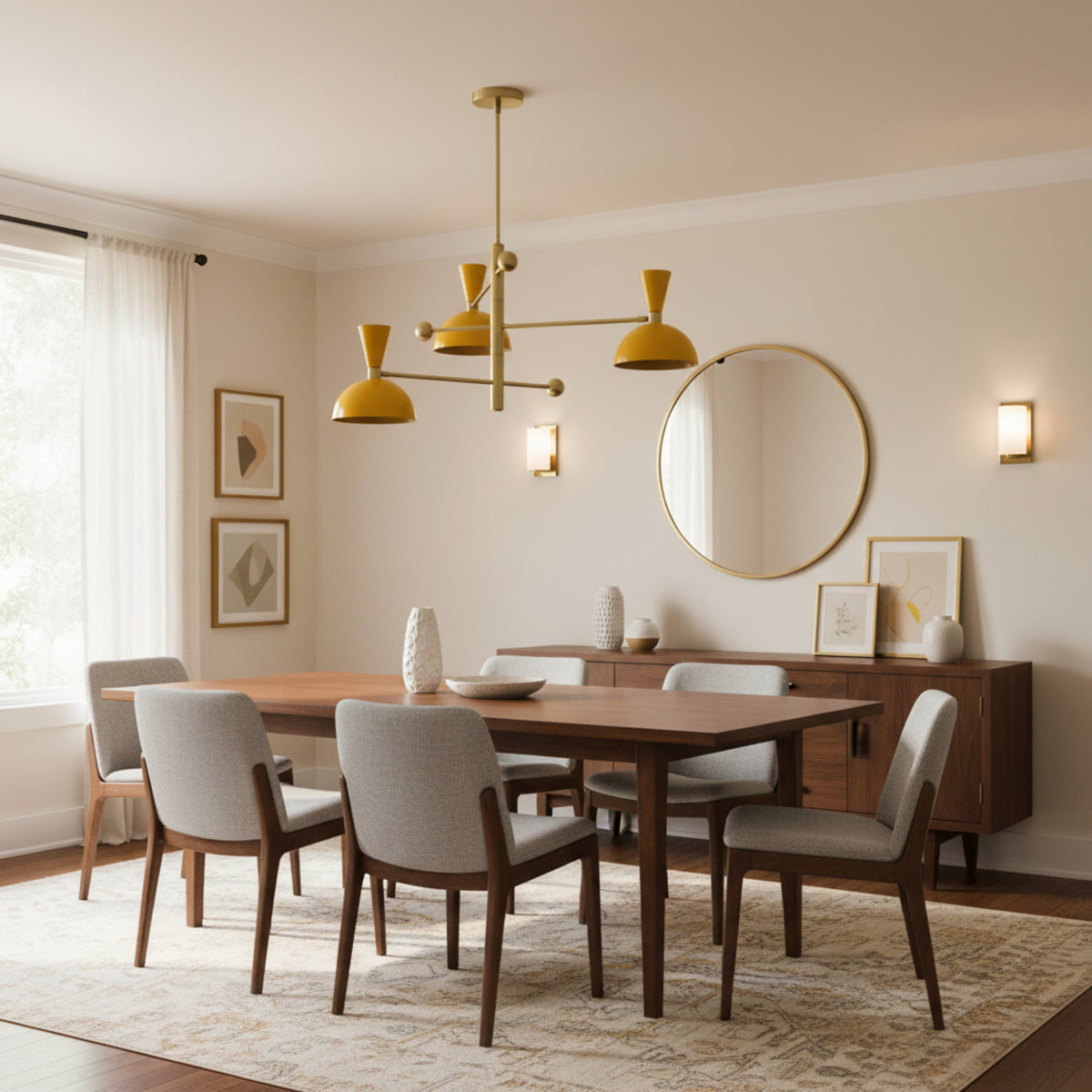 Hong Kong 6 light counterbalance chandelier shown from an angled view with yellow dome shades, metallic arms, and spherical accents.