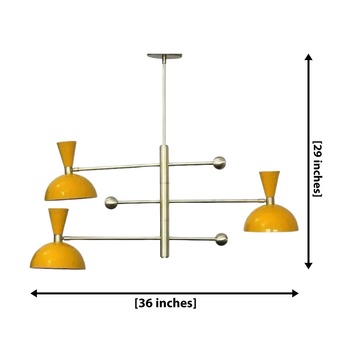 Hong Kong 6 light yellow dome counterbalance chandelier dimension view showing 36 inch width and 29 inch overall height.
