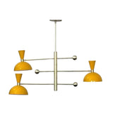 Hong Kong 6 light counterbalance chandelier shown from the front with yellow dome shades, multi-level metallic arms, and spherical details.