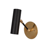 Front perspective of the Hudson modern adjustable wall sconce with handcrafted black cylinder shade and premium brass mounting hardware.