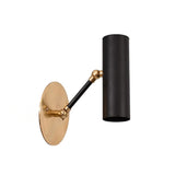 Straight view of the Hudson adjustable cylinder wall sconce featuring a minimalist black metal shade, solid brass backplate, and adjustable arm.