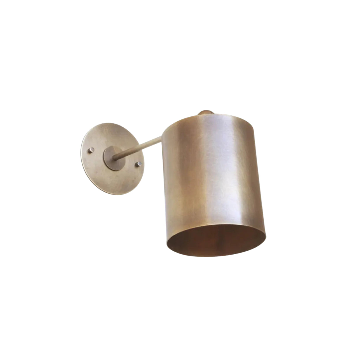 Bottom perspective view of the Hudson adjustable cylinder wall sconce highlighting the handcrafted cylindrical shade, open light source, adjustable arm, and premium brass finish.