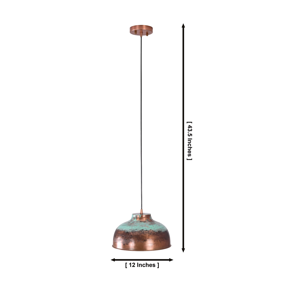 Dimension drawing of the Hudson aged copper dome pendant light featuring a handcrafted copper dome shade, 12-inch diameter, and 43.5-inch adjustable hanging height.