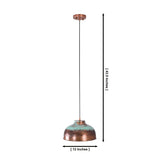 Dimension drawing of the Hudson aged copper dome pendant light featuring a handcrafted copper dome shade, 12-inch diameter, and 43.5-inch adjustable hanging height.