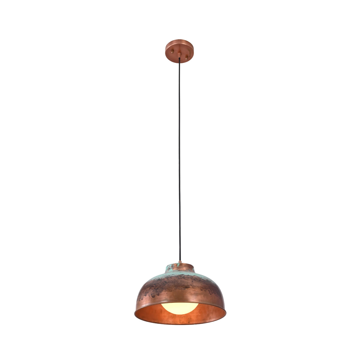 Front view of the Hudson aged copper dome pendant light illuminated with a warm glow, showcasing its handcrafted copper dome shade and rustic verdigris finish.