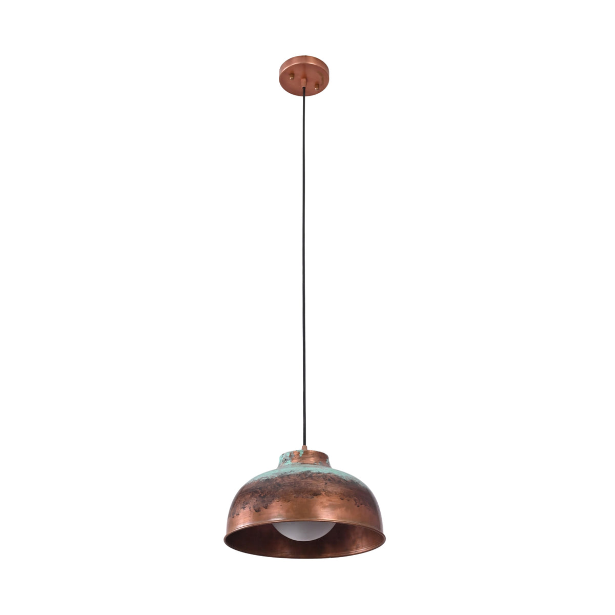 Front view of the Hudson aged copper dome pendant light featuring a handcrafted dome shade with natural verdigris patina, black hanging cord, and round ceiling canopy.