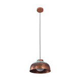 Front view of the Hudson aged copper dome pendant light featuring a handcrafted dome shade with natural verdigris patina, black hanging cord, and round ceiling canopy.