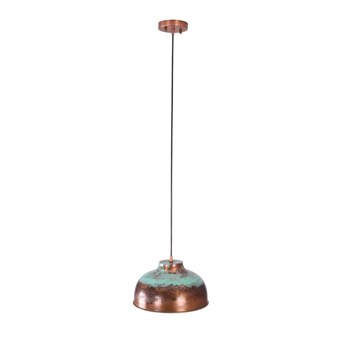 Rear view of the Hudson aged copper dome pendant light displaying the handcrafted copper dome shade, verdigris patina finish, and adjustable hanging cord.