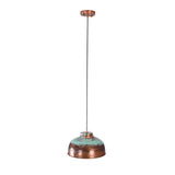 Rear view of the Hudson aged copper dome pendant light displaying the handcrafted copper dome shade, verdigris patina finish, and adjustable hanging cord.