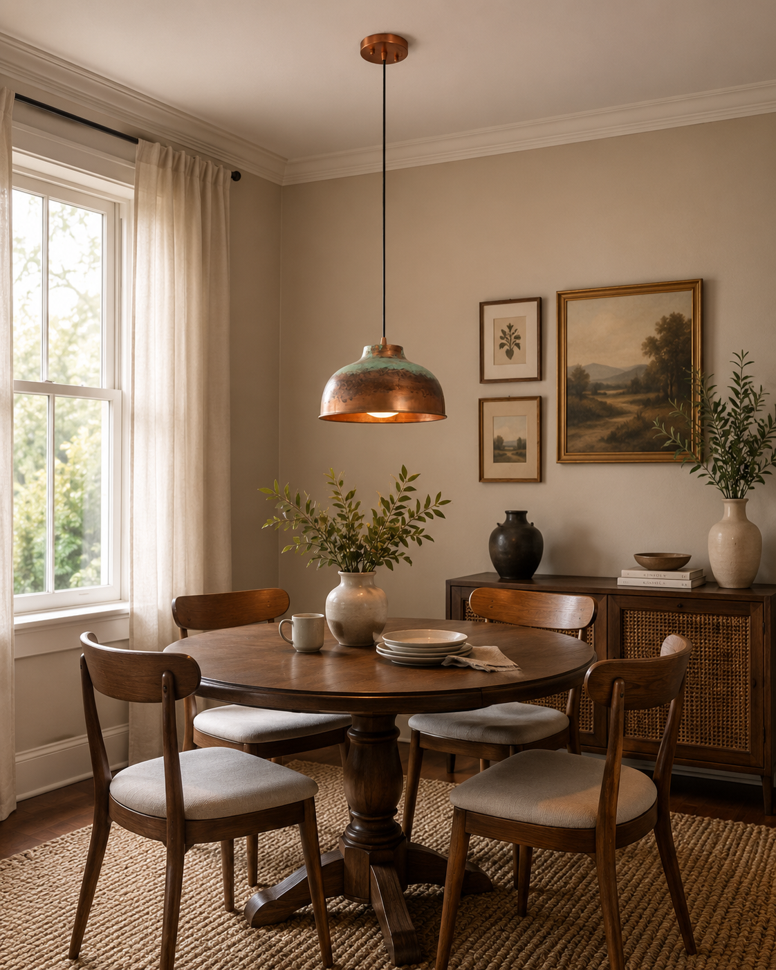 Hudson aged copper dome pendant light installed above a round dining table in a warm contemporary dining room, showcasing its handcrafted copper shade and rustic industrial style.