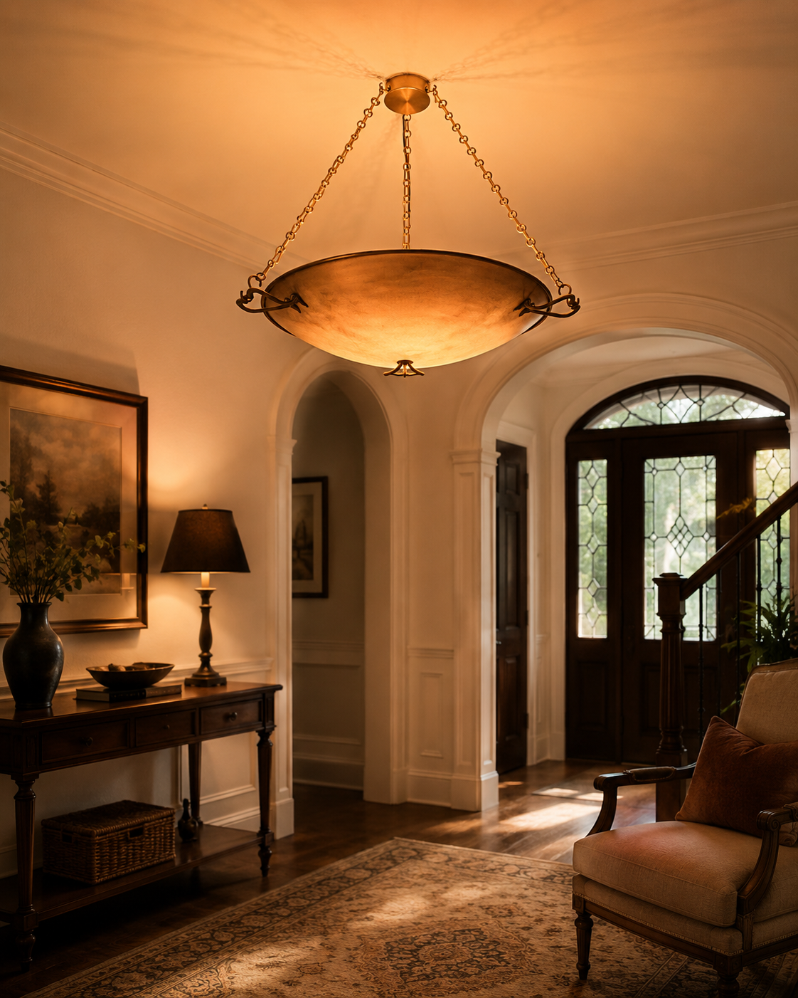 Hudson Artisan Bowl Chandelier installed in a luxury foyer, creating elegant ambient lighting with a handcrafted suspended bowl and decorative chain design.