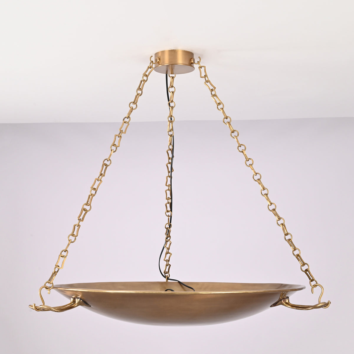 Front view of the Hudson Artisan Bowl Chandelier featuring a handcrafted suspended metal bowl with decorative branch-style supports and three-chain suspension.