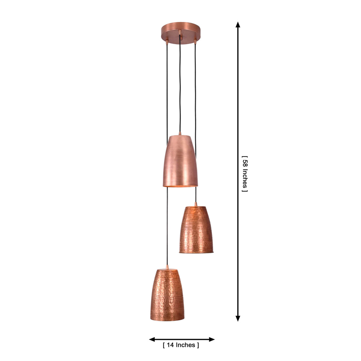 Dimension diagram of the Hudson Cascading Cone Cluster Pendant Light showing a 14-inch diameter and 58-inch adjustable hanging height.