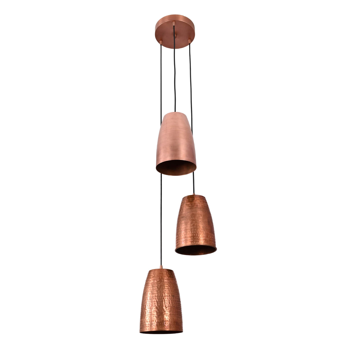 Front view of the Hudson Cascading Cone Cluster Pendant Light featuring three handcrafted copper cone shades suspended at staggered heights from a round ceiling canopy.