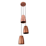 Front view of the Hudson Cascading Cone Cluster Pendant Light featuring three handcrafted copper cone shades suspended at staggered heights from a round ceiling canopy.