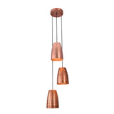 Illuminated front view of the Hudson Cascading Cone Cluster Pendant Light showcasing warm downward lighting from three handcrafted copper cone shades.