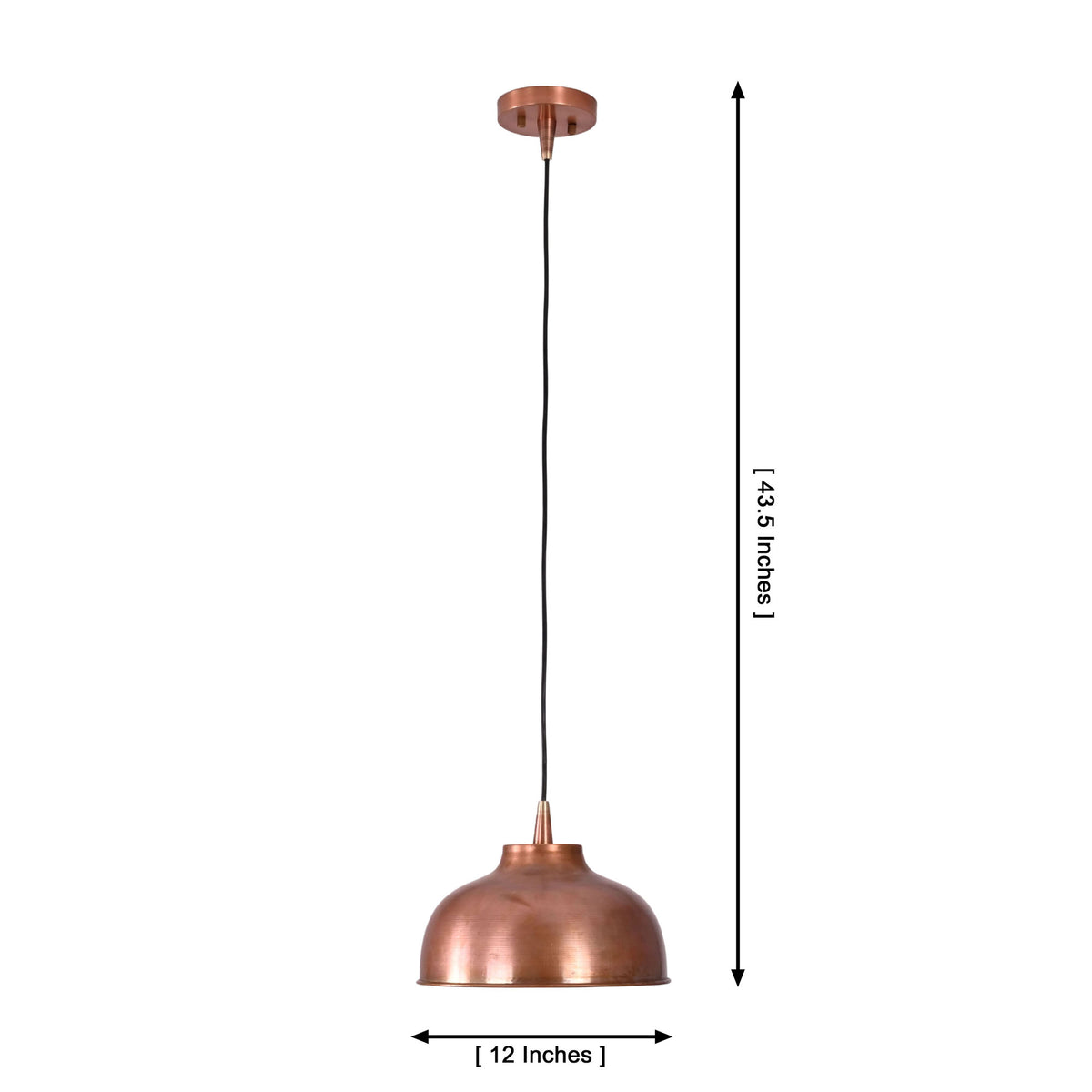 Hudson copper dome pendant light showing 12-inch shade diameter and 43.5-inch adjustable hanging height.