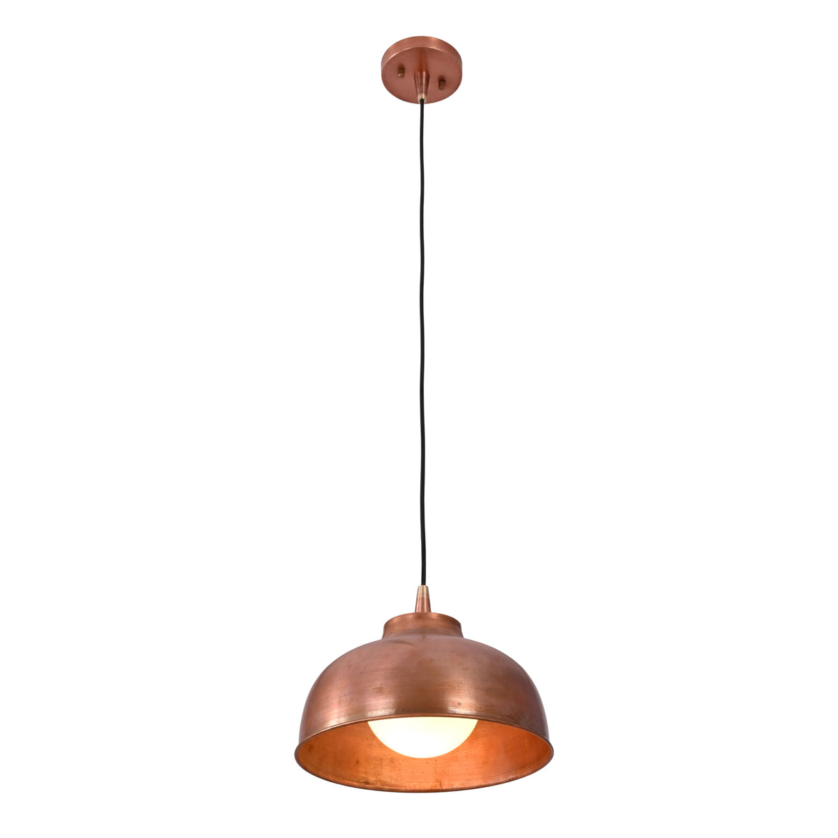 Front view of Hudson copper dome pendant light with adjustable black cord and handcrafted dome shade.