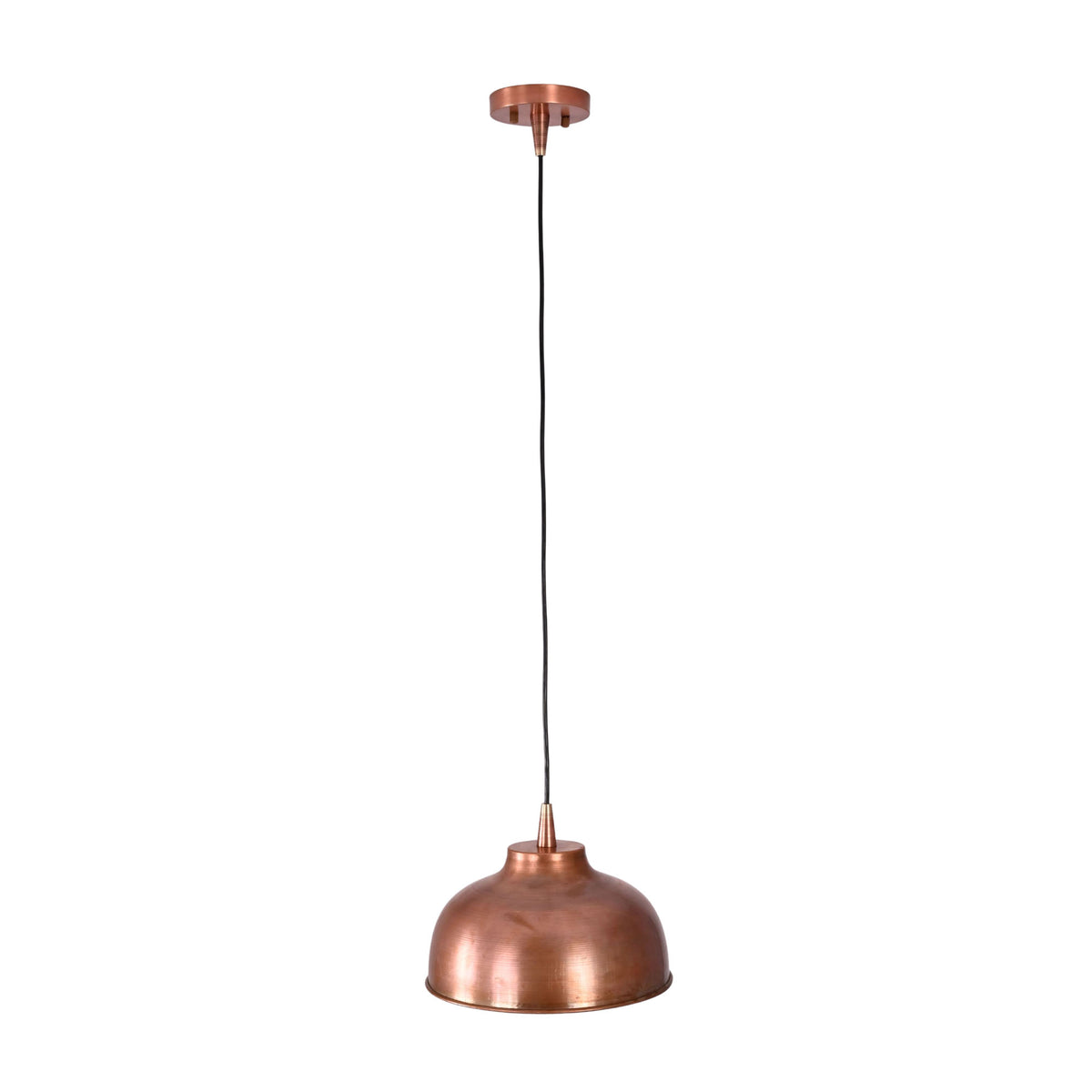 Rear view of Hudson copper dome pendant light showcasing the handcrafted copper dome and adjustable suspension.