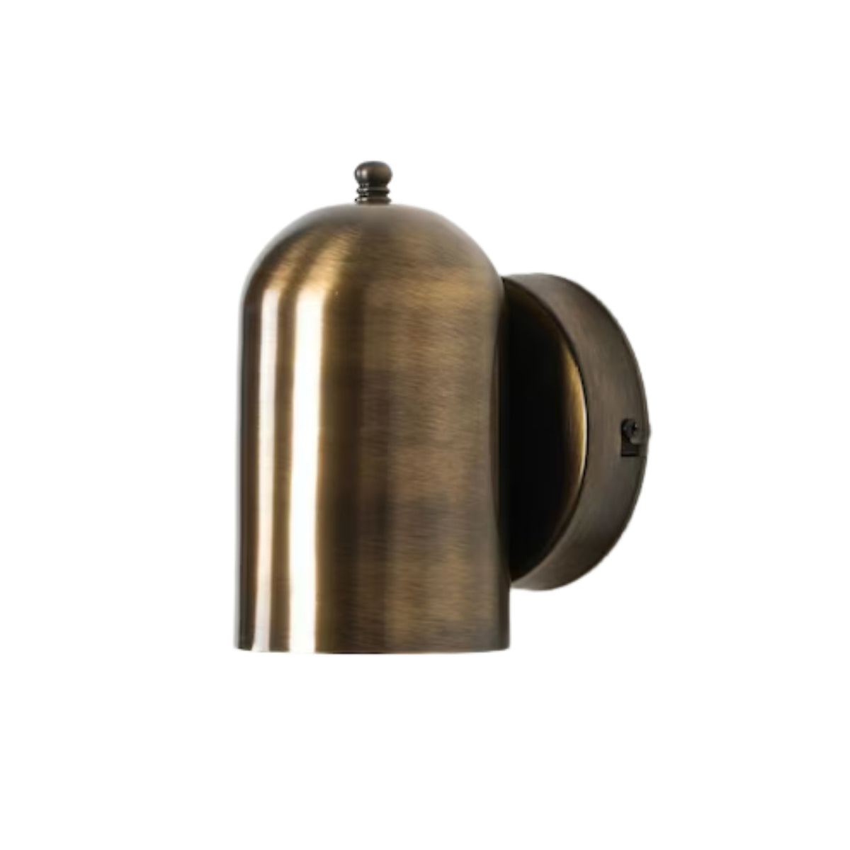 Side perspective of the Hudson Dome Wall Sconce showcasing its rounded brass dome shade and circular wall canopy with a clean architectural profile.