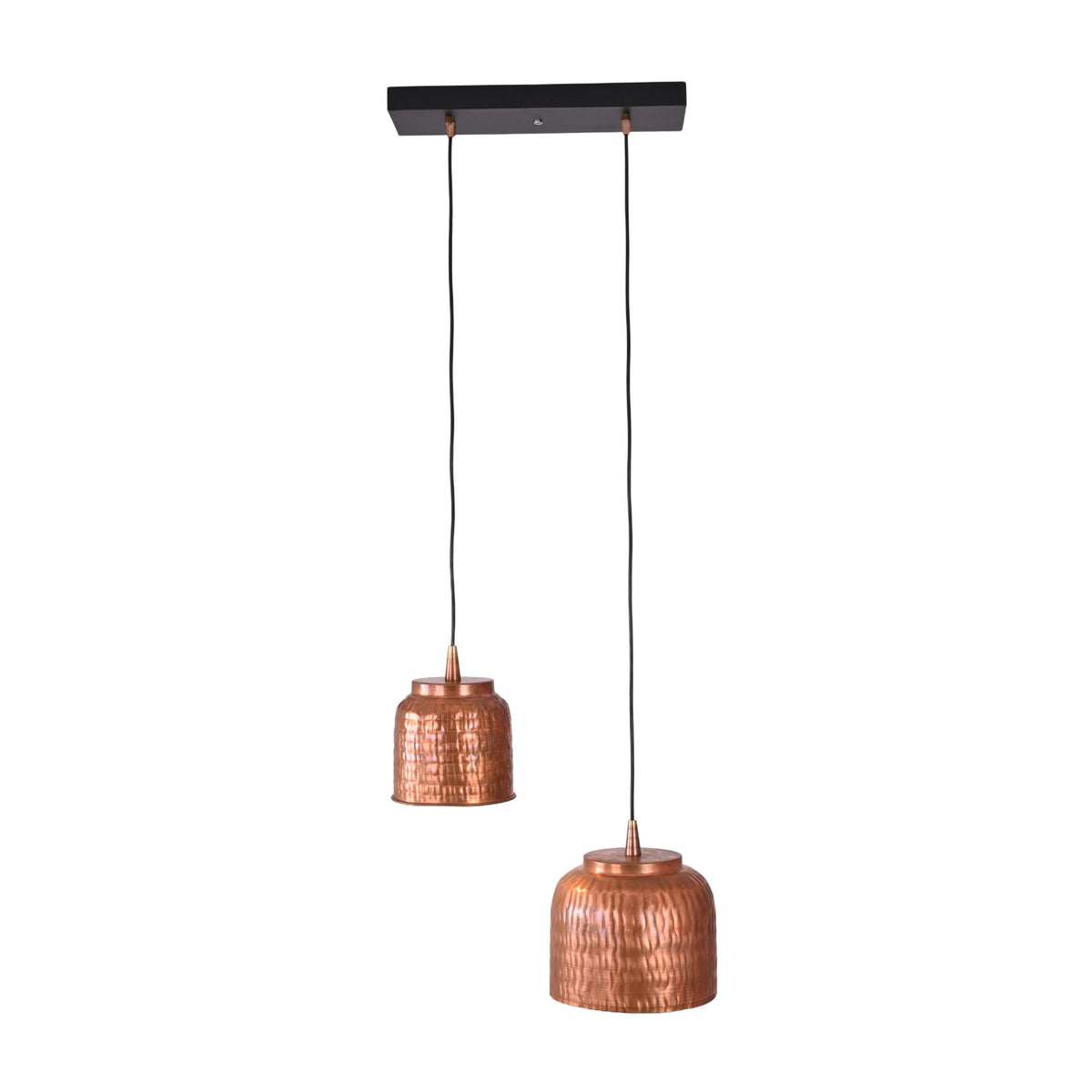 Angled view of Hudson hammered copper dual pendant chandelier highlighting handcrafted hammered copper shades and modern linear suspension.
