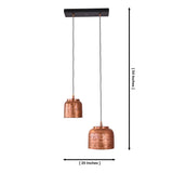 Dimension view of Hudson hammered copper dual pendant chandelier showing 20-inch width and 54-inch adjustable hanging height.