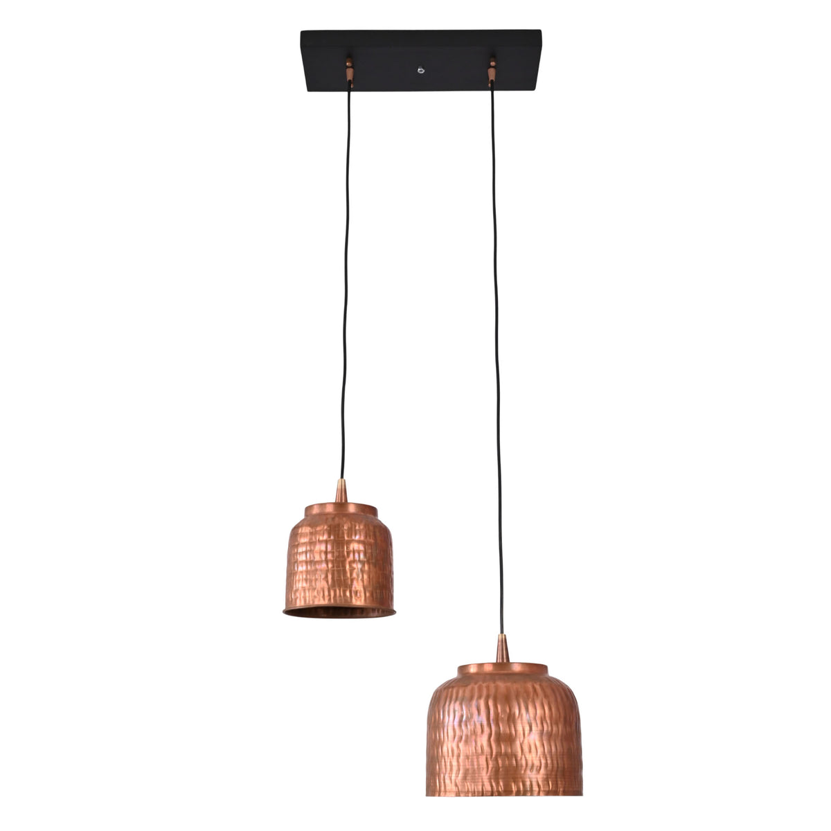 Front view of Hudson hammered copper dual pendant chandelier with staggered handcrafted textured copper shades and rectangular ceiling canopy.