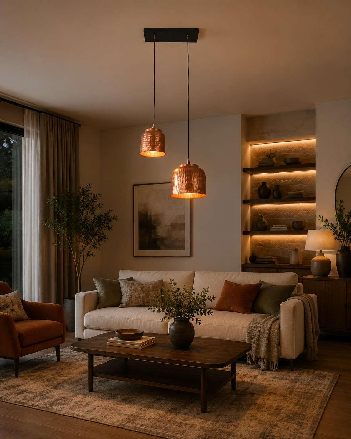 Lifestyle view of Hudson hammered copper dual pendant chandelier with handcrafted textured copper shades illuminating a modern living room.