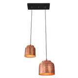 Illuminated view of Hudson hammered copper dual pendant chandelier showcasing warm downward lighting and artisan hammered copper finish.