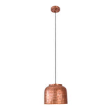 Angled front view of Hudson hammered copper dome pendant light with handcrafted textured metal shade