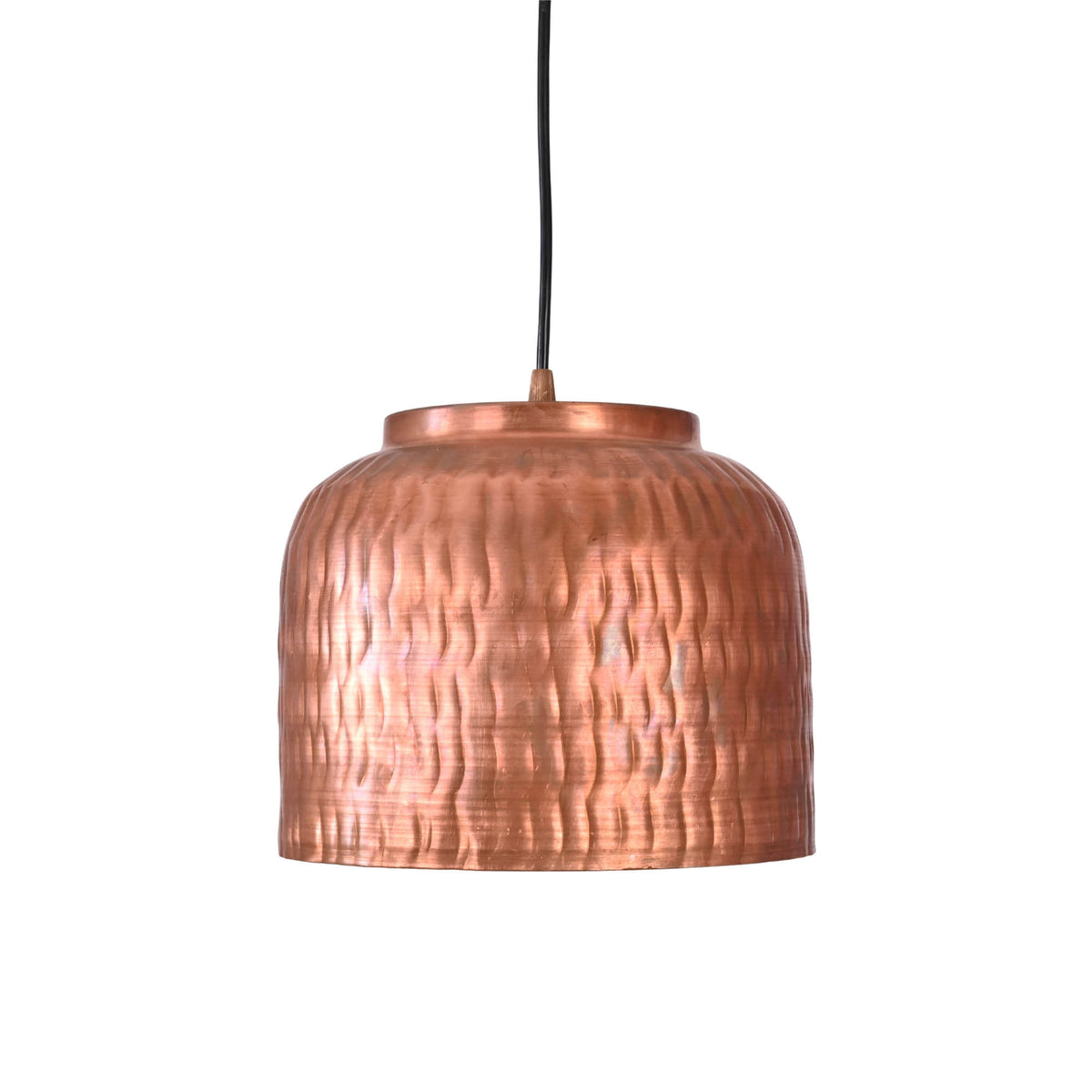 Close-up of Hudson handcrafted hammered copper dome pendant light highlighting artisan textured metal surface