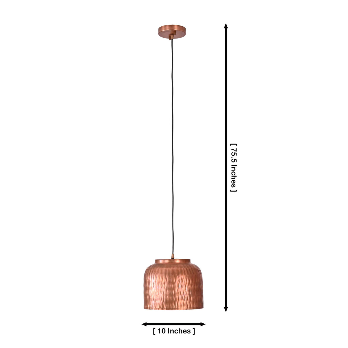 Hudson hammered dome pendant light dimensions showing 10 inch diameter and 75.5 inch adjustable hanging height