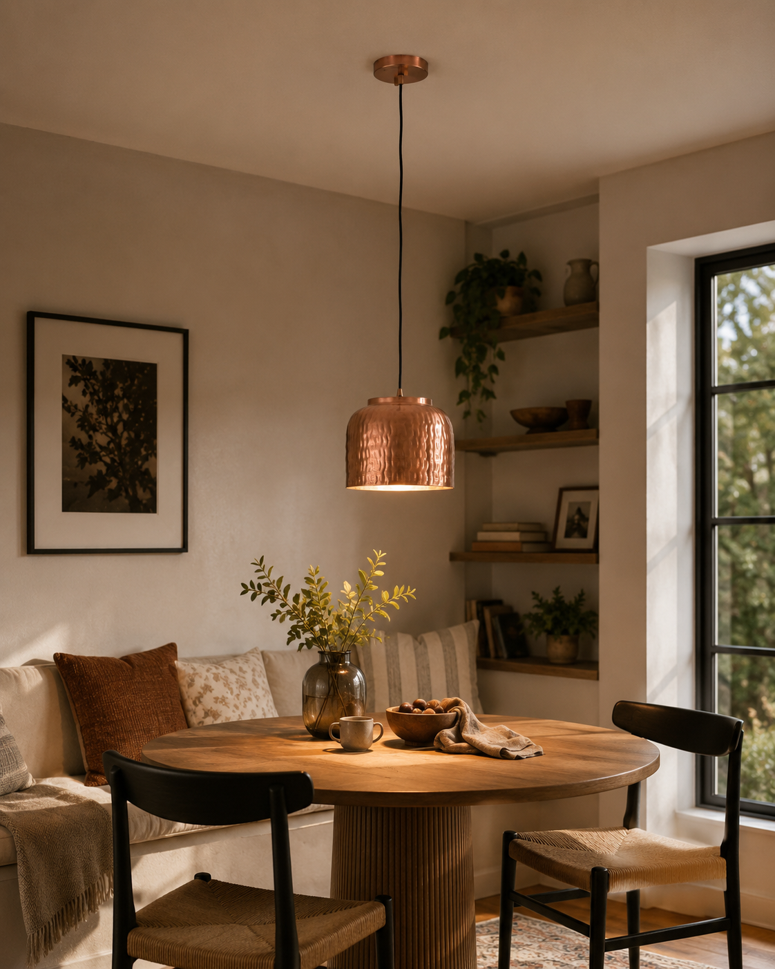 Hudson hammered copper dome pendant light installed above a dining table in a warm modern dining room interior