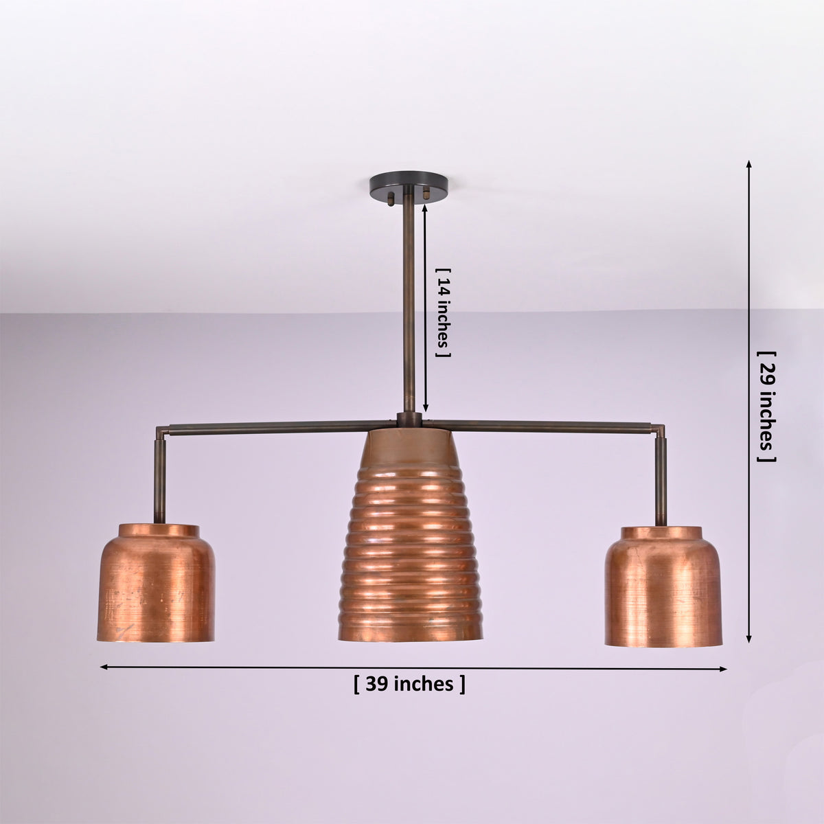 Dimension diagram of the Hudson Modern Linear Three Shade Chandelier showing 39-inch width, 29-inch overall height, and 14-inch suspension rod.