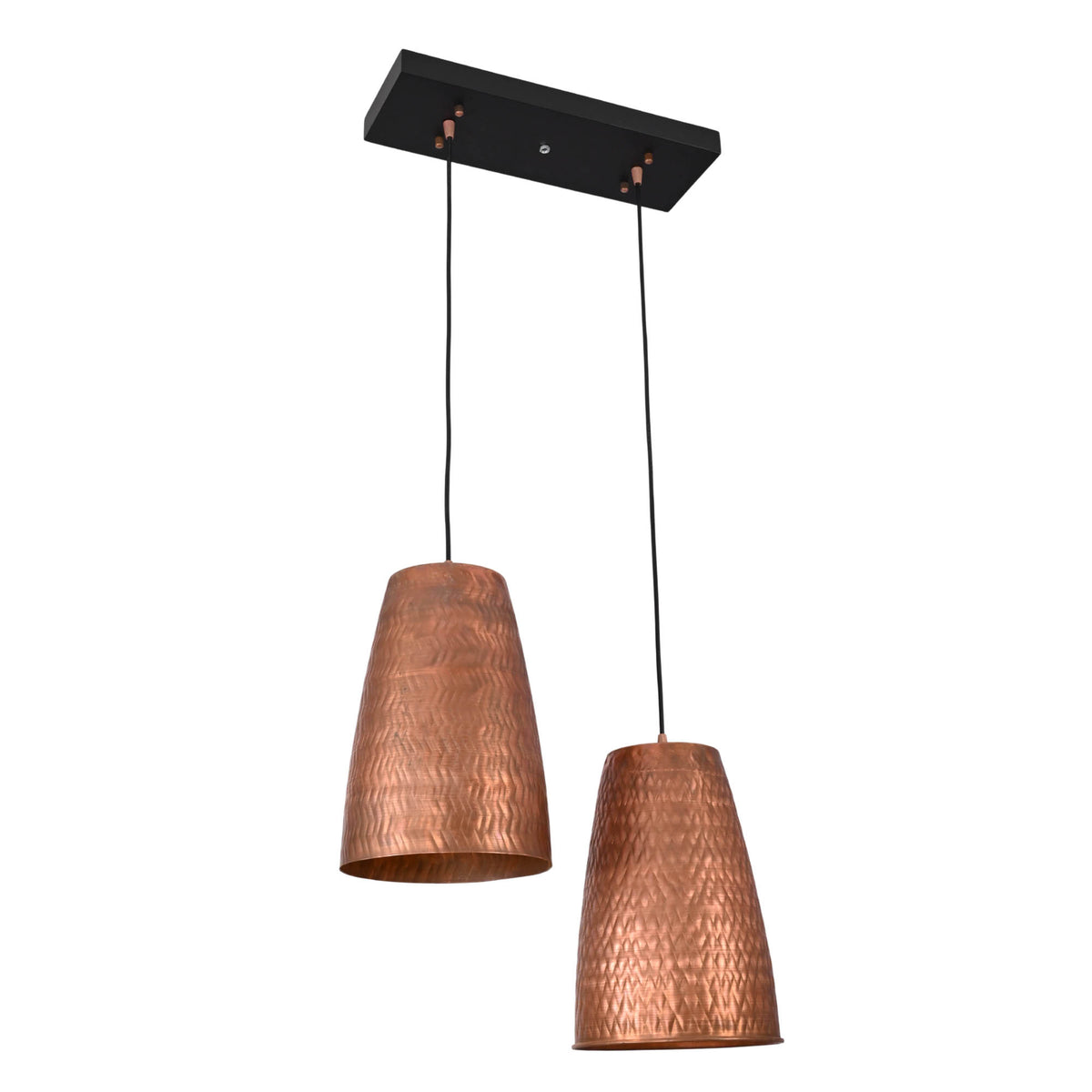 Hudson Linear Dual Cone Pendant Light in handcrafted copper finish featuring two textured tapered cone shades with a modern linear canopy.