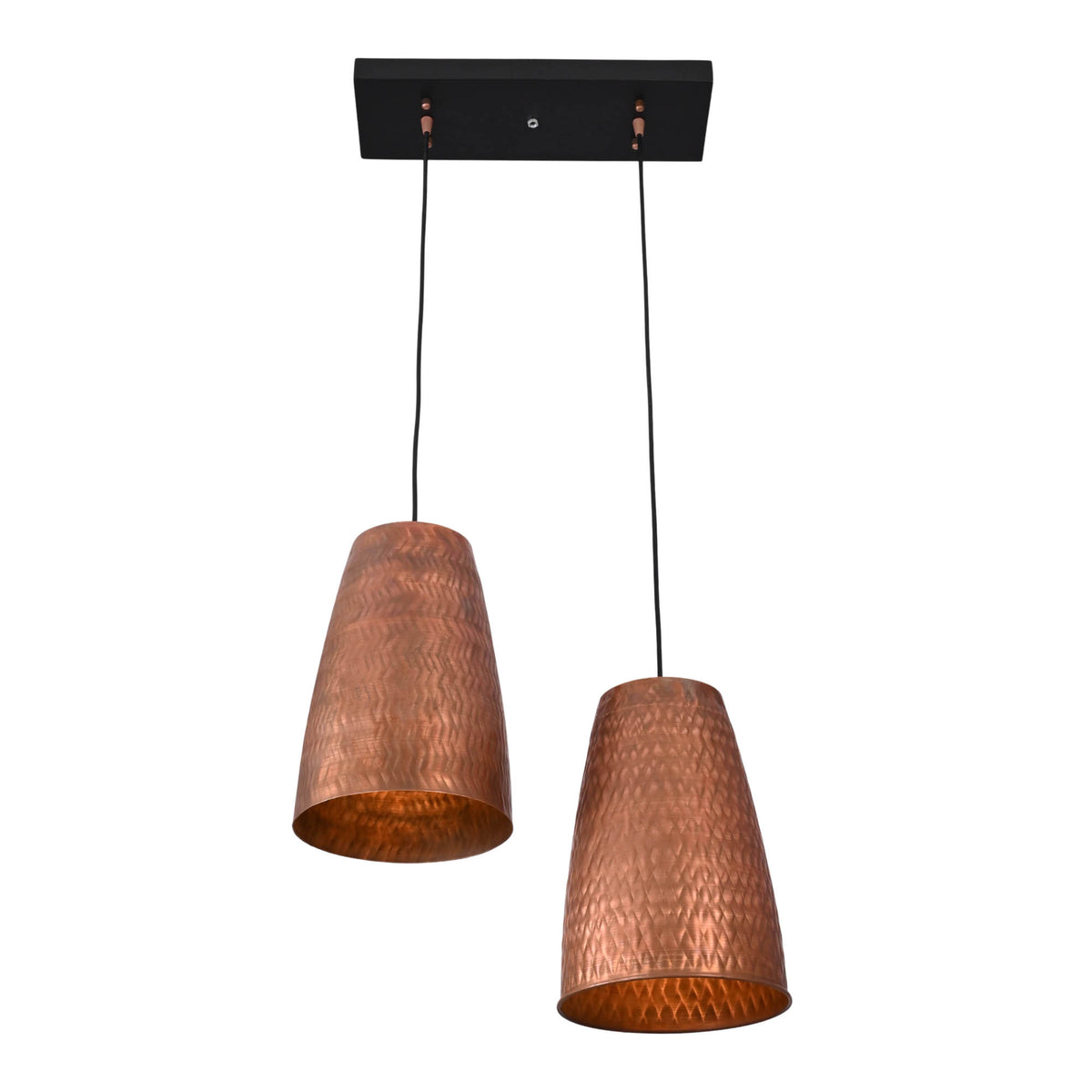 Front view of the Hudson Linear Dual Cone Pendant Light with handcrafted hammered copper cone shades suspended from a rectangular ceiling canopy.