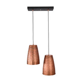 Hudson handcrafted copper dual cone pendant light with staggered hanging tapered shades and rectangular ceiling mount.