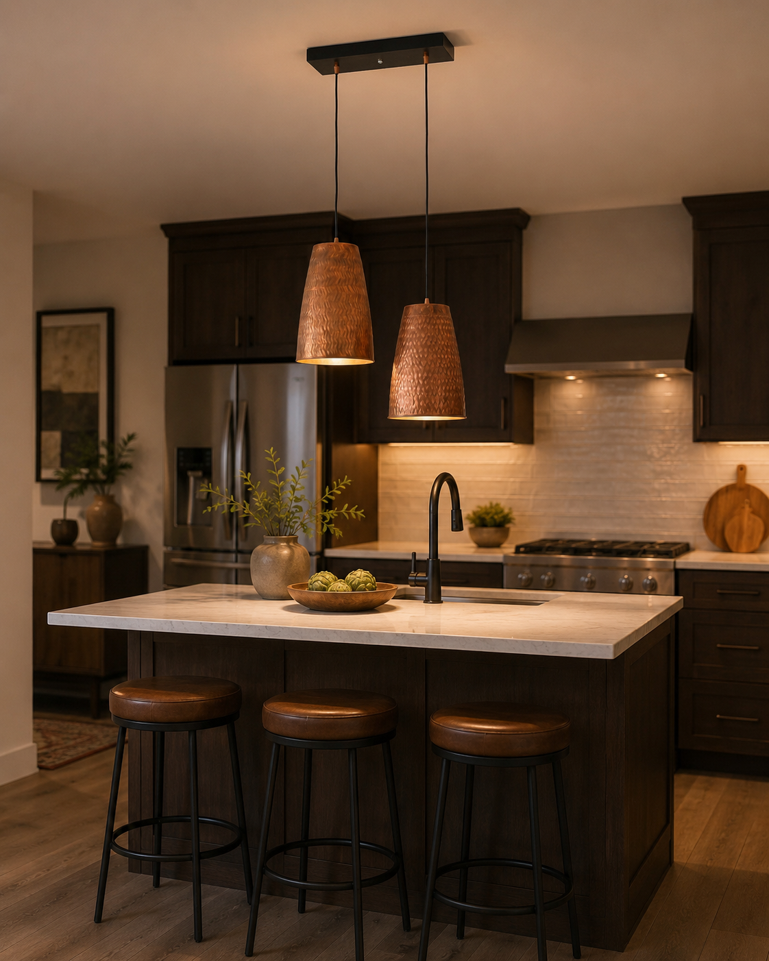 Hudson Linear Dual Cone Pendant Light installed above a modern kitchen island featuring handcrafted copper tapered shades and warm ambient lighting.