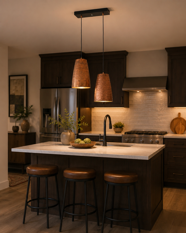 Hudson Linear Dual Cone Pendant Light installed above a modern kitchen island featuring handcrafted copper tapered shades and warm ambient lighting.